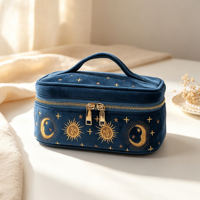 Sac de rangement de luxe pour pinceaux de maquillage, avec logo personnalisé, broderie Soleil et Lune, en velours bleu marine, sac de voyage pour cosmétiques avec poignée
