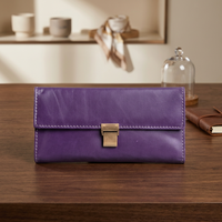 WRIZA Portefeuille long en cuir véritable violet pour femme, fait main, fermeture éclair, style vintage minimaliste, usage quotidien, vente chaude