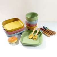 Ustensiles d'alimentation pour bébé sans BPA, bol antidérapant avec poignée en bois, cuillère et fourchette en silicone, assiette à ventouse pour apprendre à manger