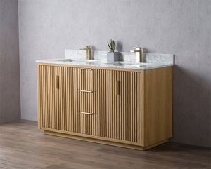 <span class=keywords><strong>Mobile</strong></span> da <span class=keywords><strong>Bagno</strong></span> Minimalista in Rovere Massiccio Scanalato con Top in Marmo e Cassetto Centrale per Stoccaggio |   ODM Vietnam, Certificato UPC - Product Image 4