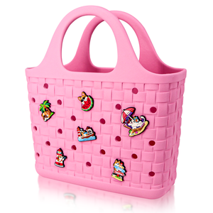 <b>Ivory</b> EVA Woven Tote <b>Bag</b> With Cartoon Charms Lightweight Beach Casual Style Small Size - Product Image 2