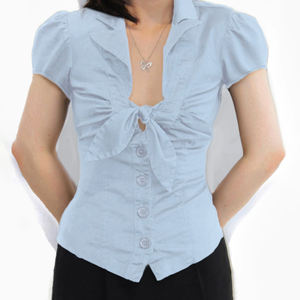 Chemise à manches courtes rétro à nœud papillon et à lacets, cintrée à la taille, style royal, polyvalente, amincissante - Product Image 2