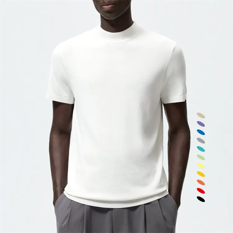 Custom ribbed hem slim fit high stand mock neck t shirt for men