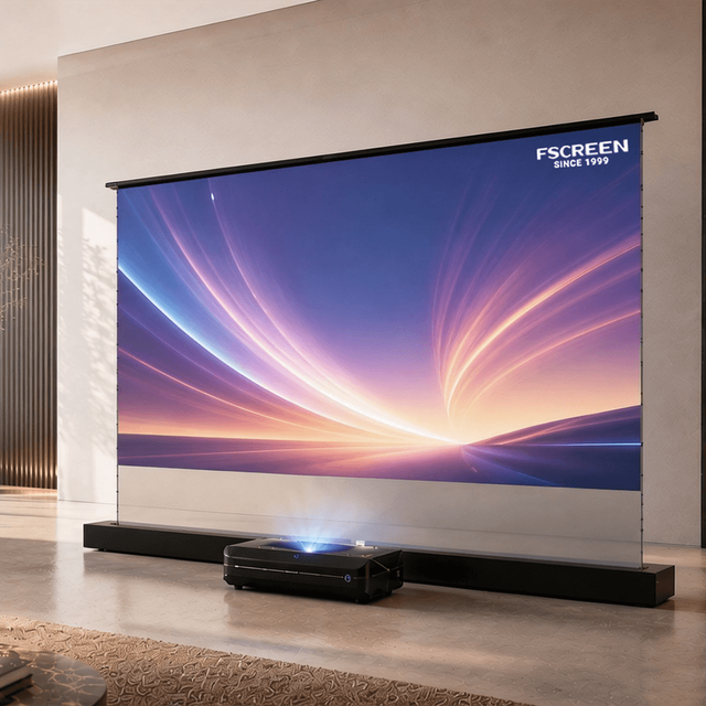 Fscreen Projector Screen Aura Series Home Theater High Gain 100" 16:9 Silicone Fresnel ALR Floor Rising UST Projection