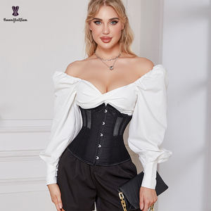 플러스 사이즈 힙업 12인치 롱 토르소 웨이스트 트레이닝 코르셋 레이싱 리본 밴디지 뷔스티에 메쉬 블랙 코르셋 탑 5개 브로치 포함 - Product Image 5