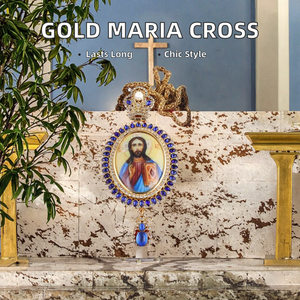 Großes Brustkreuz mit Goldkette, Griechisch-Orthodoxe Jungfrau Maria Ovale Harzmedaille mit Gratis PU-Geschenkbox aus Zinklegierung - Product Image 2