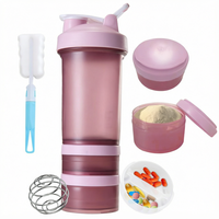Bouteille shaker protéiné 3 couches 500 ml avec compartiment de rangement pour pilules et poudre, boule mélangeuse, pour fitness et gym, vente en gros