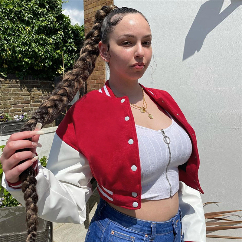 New arrivals spring winter women's coats outdoor crop patchwork contrast color baseball jacket with leather sleeves