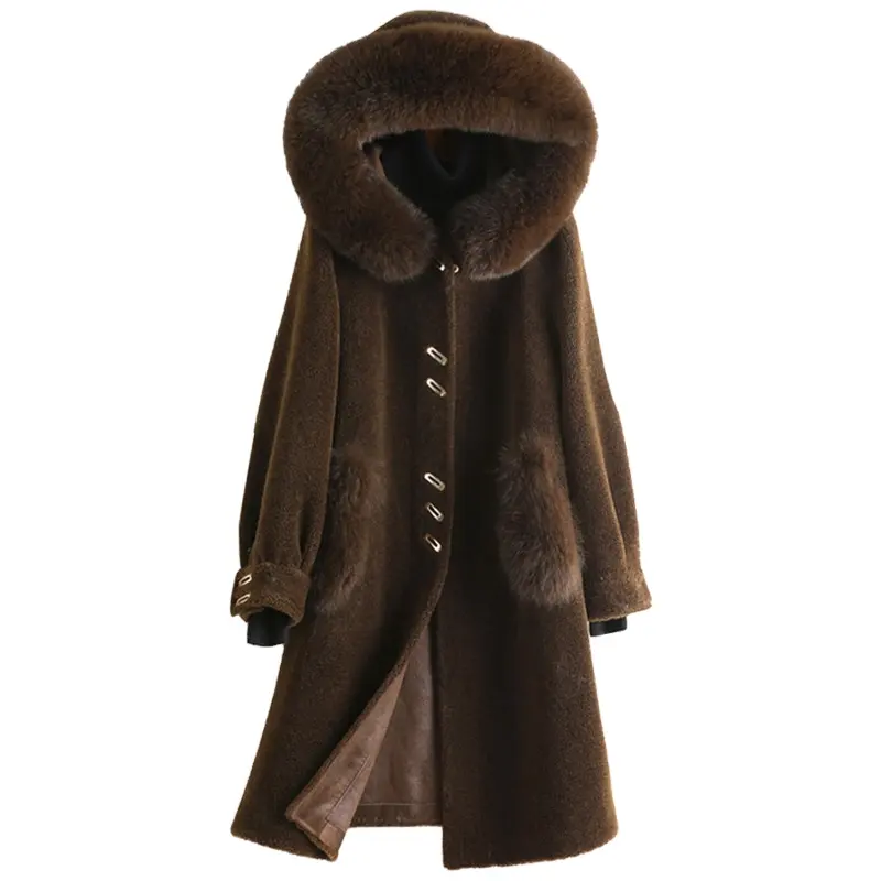 A50007 Pudi women real wool fur coat jacket winter warm female real sheep shearing over size parka with real fox fur collar