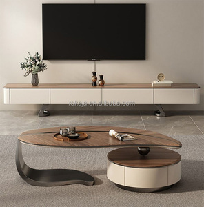 Tavolino da Caffè con Design a <span class=keywords><strong>Foglia</strong></span>, Base in Metallo Dorato e Piano in Legno Massello, <span class=keywords><strong>Tavolo</strong></span> da Tè in Stile Moderno con Cassetto - Product Image 4