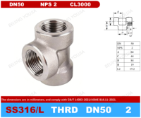 Raccord en T fileté NPT lisse en acier inoxydable 316L forgé haute pression 3000lbs personnalisé DN50/NPS 2" résistant à la corrosion