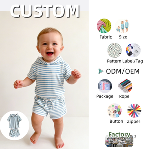 Ensemble 2 pièces en tissu éponge pour bébé, ensemble court à capuche rayé pour garçons et filles en bas âge - Product Image 1