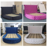 Lit Circulaire Rembourré en Velours Gris Doux de Luxe, Taille California King, avec Cadre de Lit Rangement pour Meubles de Chambre