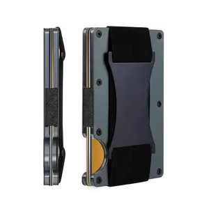 Dienqi — portefeuille mince et minimaliste pour hommes, petit porte-cartes de crédit, poche avant avec blocage RFID, en aluminium et métal avec sangle-argent