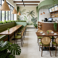 Ensemble de meubles vintage pour café, banquette en cuir capitonnée, chaise en rotin, table de restaurant avec plateau en bois pour bistro, café, snack-bar