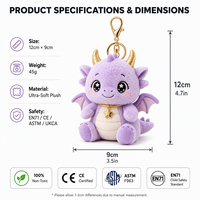 Porte-clés en peluche dragon mignon personnalisé OEM ODM, dragon bébé assis avec ailes, cornes dorées, pendentif étoile, boîte personnalisée de marque