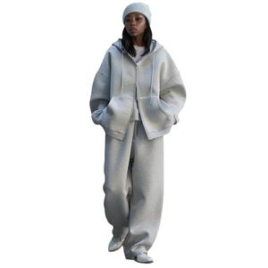 Completo Vintage in Pile con Cappuccio e Stampa a Pois, Giacca Casual con Zip e Pantaloni a Gamba Larga con Coulisse per Donna, Due Pezzi Autunnali - Product Image 5