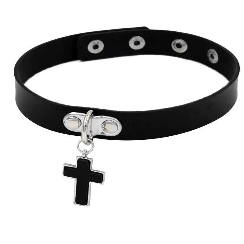 K2539 New Gothic PU Leather Necklace Collar Chain Simple Cross Pendant Necklace Sexy PU Leather Choker