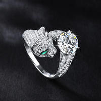 Nouvelle conception de bijoux fins pour hommes, argent S925, 2 carats, moissanite blanche verte VVS, bague réglable en forme de tête de léopard pour hommes et femmes