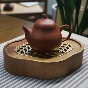 Walnut Wood Copper Teapot Holder 18x14x4cm Traditional Chinese <b>Tea</b> <b>Set</b> Dry Brewing Base Office Study Use - Product Image 5