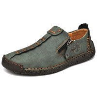 Sepatu Loafer Kulit Asli Pria dengan Resleting Samping, Model Slip-On, Motif Kotak-Kotak, Ujung Bulat, Sol Karet Ringan, Sepatu Kasual untuk Berjalan
