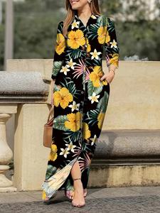 Robe longue maxi élégante vintage pour <span class=keywords><strong>femme</strong></span>, style chemise, à manches longues, motif têtes <span class=keywords><strong>de</strong></span> <span class=keywords><strong>mort</strong></span> mexicaines colorées, avec épaules à volants, boutonnée et taille haute - Product Image 2