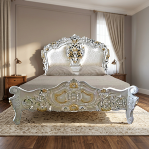 Rococo Traditional Design <b>Queen</b> <b>Size</b> Wooden <b>Beds</b> <b>Frame</b> Solid Mahogany Upholstered Headboard Finished in White Gold - Product Image 2