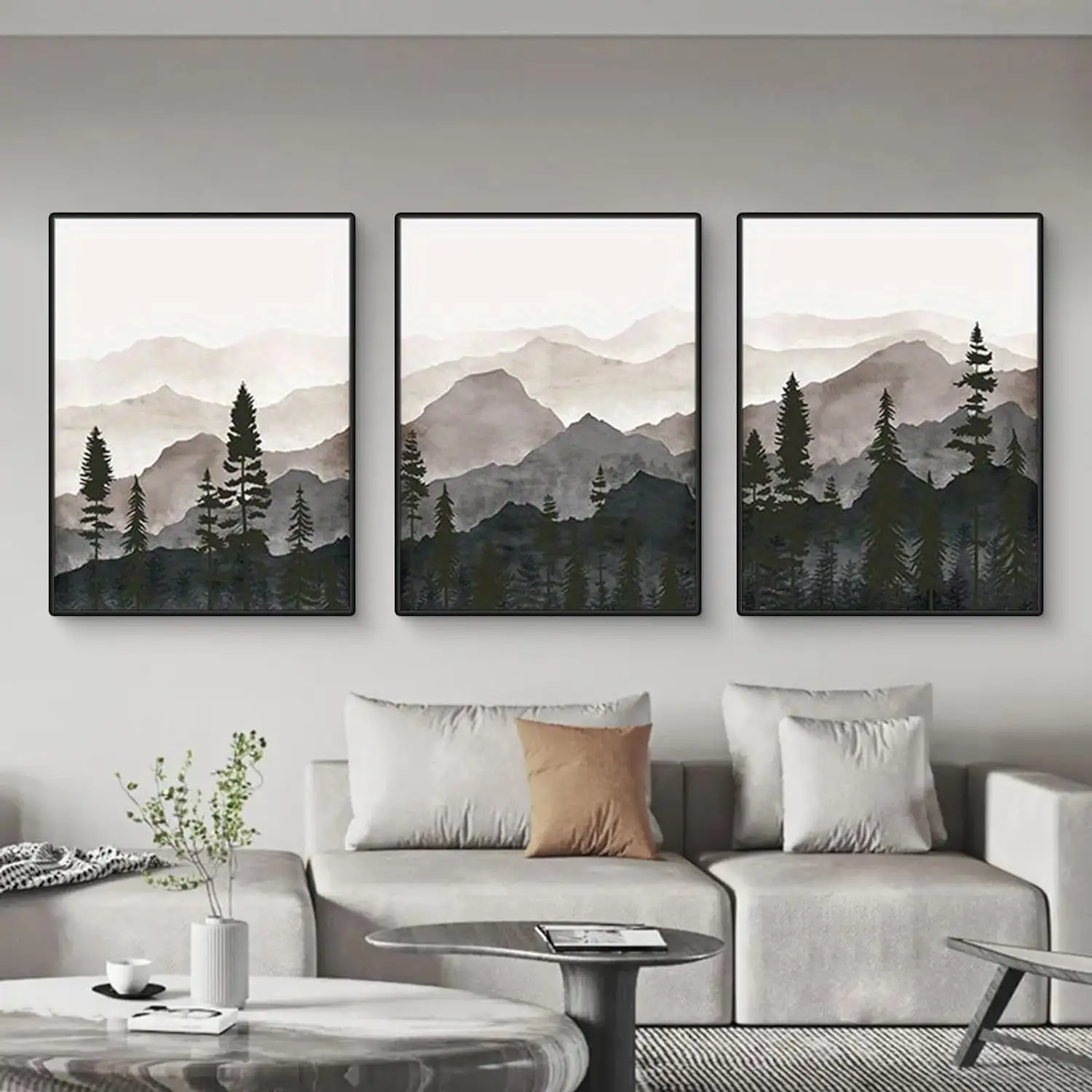 Moderne minimalistische Kunstdruck Berge Gemälde nordisch grau Waldkulisse Triptich-Aufschlag für Hotel Appartment Dekoration