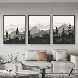 Modern Minimalist Art Print Mountains Painting Nordic Grey Forest Scenery Triptych Poster For Hotel Apartment Decoration