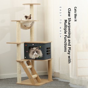 Modern <b>Wooden</b> Cat <b>Tree</b> 4 Levels With Scratching Posts And Enclosed <b>House</b> For Indoor Cats - Product Image 3
