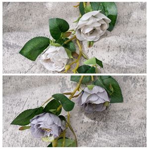 Roses artificielles CallaFloral grises et violet foncé, branche unique, bouquet pour décoration intérieure - Product Image 3