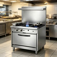 Cuisinière commerciale multifonctionnelle à gaz naturel de style américain en acier inoxydable avec 4 brûleurs, plaque de cuisson et four, avec dossier, 568x590x270mm