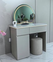 Ensemble de coiffeuse moderne en bois gris clair avec LED intelligentes, miroir, tiroirs de rangement et tabouret cylindrique pour chambre à coucher