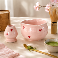 Ensemble bol à matcha en céramique rose et support pour fouet 500 ml avec fouet en bambou, motifs cœur, fleur, patte, logo personnalisé pour cadeau OEM