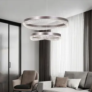 Lampu gantung Led, lampu gantung bulat cincin kristal desain baru pencahayaan liontin garis lingkaran Hotel ruang tamu Modern