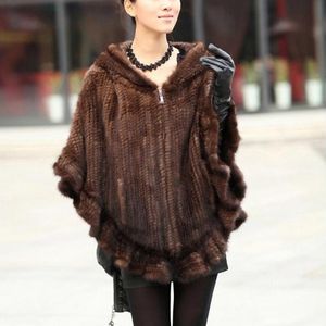 YR732 Ladies Mink Tail Hand Knit Fur Shawl Cape Mujeres con estola de piel con capucha - Product Image 1