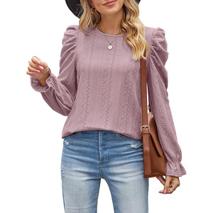 Blusa Feminina de Outono Moda Decote Redondo Manga Longa Elegante Camisas Top em Cor Sólida para Mulheres - Product Image 5