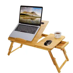 竹制笔记本电脑桌可调便携式早餐服务床托盘多功能桌，带倾斜顶部储物抽屉
