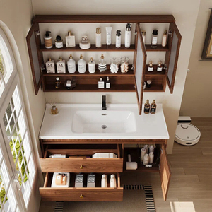 European Popular Mid Century Walnut Bathroom Cabinet <b>Wall</b> Hung Ceramic All-in-one Basin Dimmable LED Smart <b>Mirror</b> Set - Product Image 5