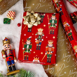 <b>Nutcracker</b> Christmas Wrapping Paper Roll Red Gold Foil Design 17 Inch X 33 Feet Reversible Art Paper Gift Packaging - Product Image 2