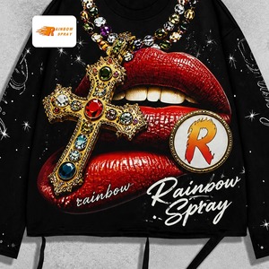 T-Shirt da <span class=keywords><strong>Uomo</strong></span> a Maniche Lunghe con Grafica Vintage Saint, Stile Streetwear, Effetto Invecchiato, Collo Tondo, Decorazioni in Strass, Modello Corto - Product Image 6