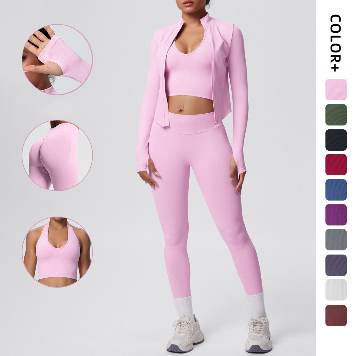 Seamless Yoga Set 3 Piece Women Workout Clothes High Waist Leggings Shorts Sports Bra Zip Jacket Solid Gym Wear Fitness