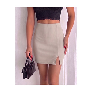 Women's Ribbed Elastic Waist Mini <b>Skirt</b> 45 Cm Length With Front Slit For Casual Wear - Product Image 2