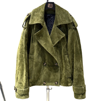 Veste en cuir de mouton véritable à double boutonnage pour femme, coupe-vent, en daim vert, disponible en échantillon et personnalisable