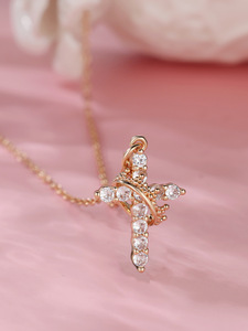 Collier en laiton avec micro-pavé de zircon, croix pour femmes, plaqué or rose, pendentif en cristal, design géométrique tendance, cadeau religieux chrétien - Product Image 4