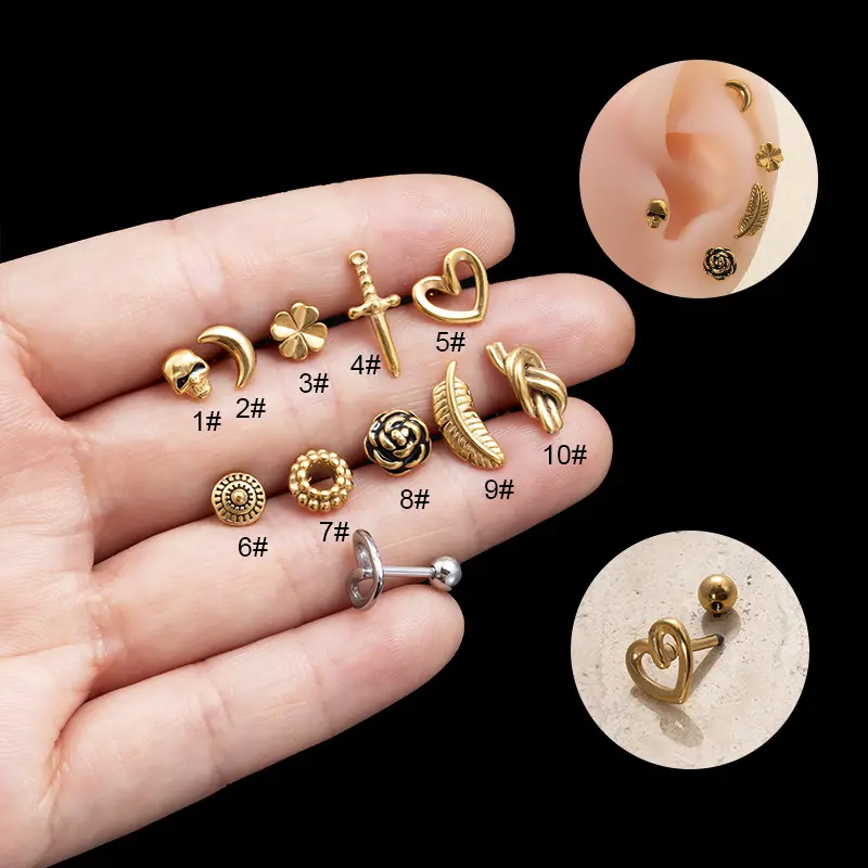 Yw 16G Roestvrij Staal Maan Schedel Kraakbeen Tragus Oorbellen Oor Piercing Studs Helix Rug Mode Sieraden Geschenken