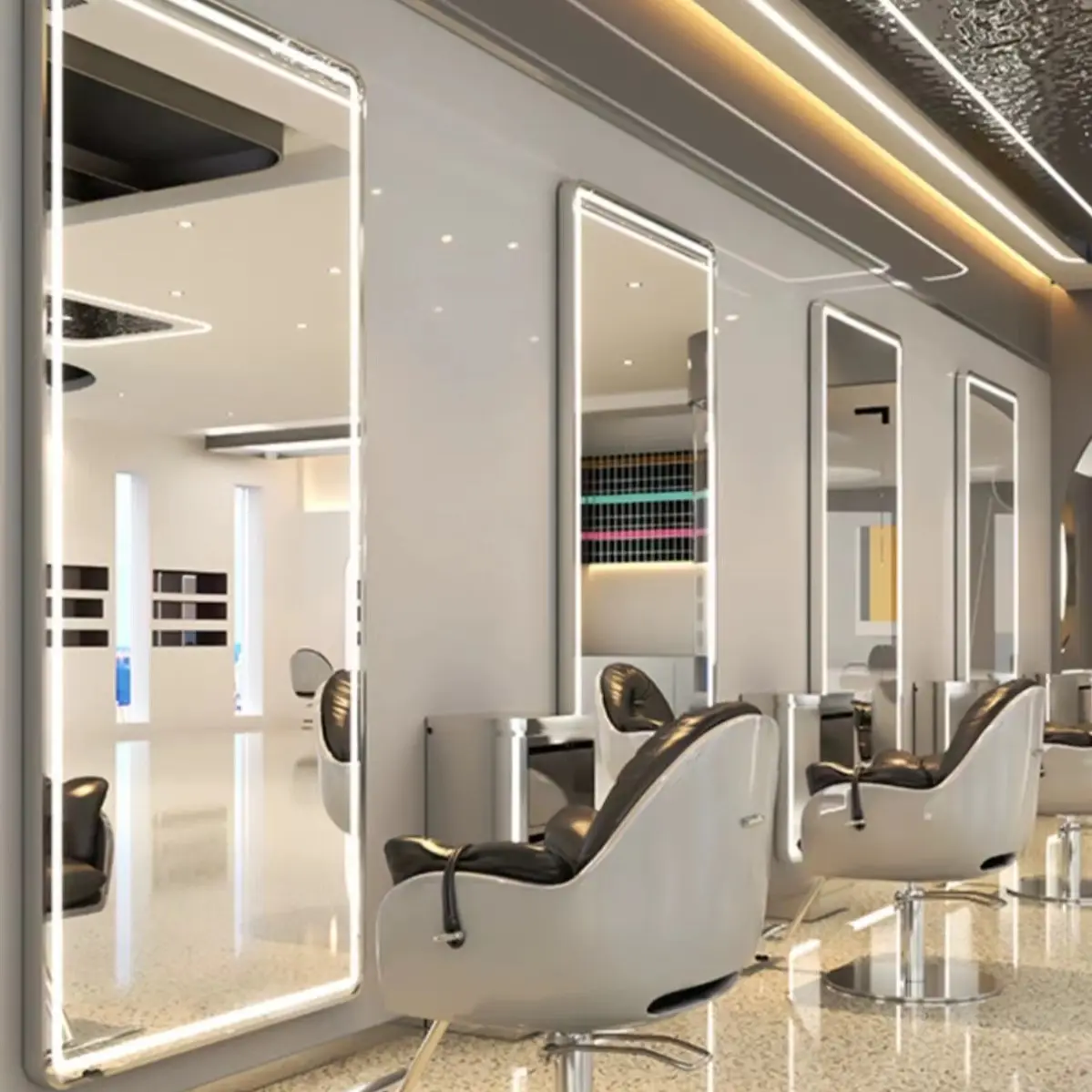 Estação de salão de cabeleireiro dupla face com estrutura de aço inoxidável luxuosa para barbeiro com luz LED