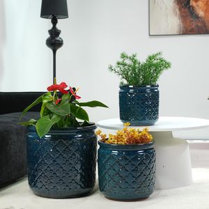 Pot de fleurs en céramique bleu marine cylindrique de 9, 12 et 15 pouces avec trou de drainage pour usage intérieur - Product Image 3