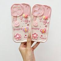 Coque de téléphone portable DIY motif lapin floral mignon avec chaîne pour iPhone 16 Plus 15 17 Pro Max, motif crème, coque arrière