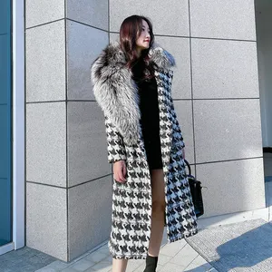 Novo 2023 marca de luxo real fur longos casacos para mulher genuína fox fur wool cashmere blended trench overcoats atacado